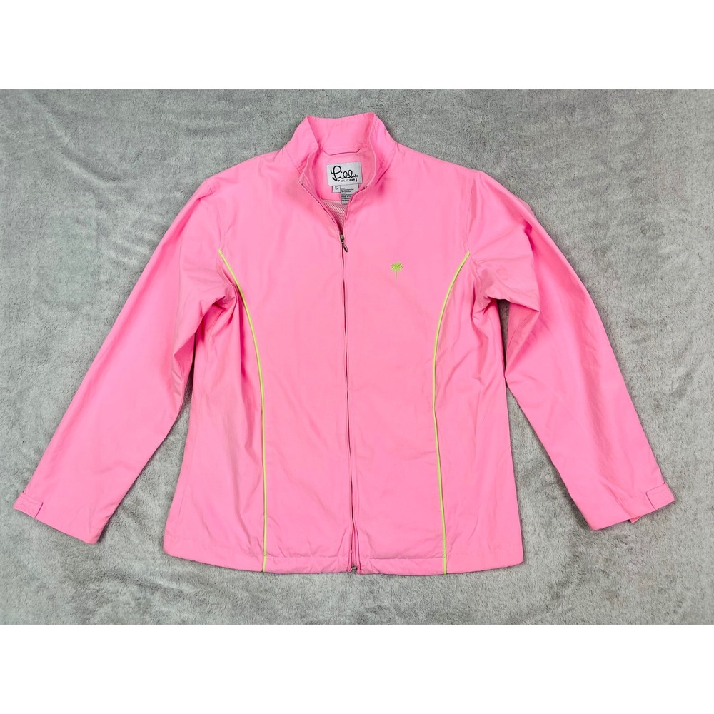 Lilly Pulitzer Women Jacket Small Pink Golf Full Zip Jacket Lime Trim Palm Tree